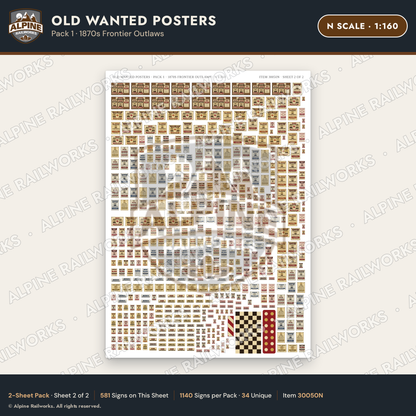 Alpine Railworks 30050N N Scale Old Wanted Posters - Frontier Outlaws