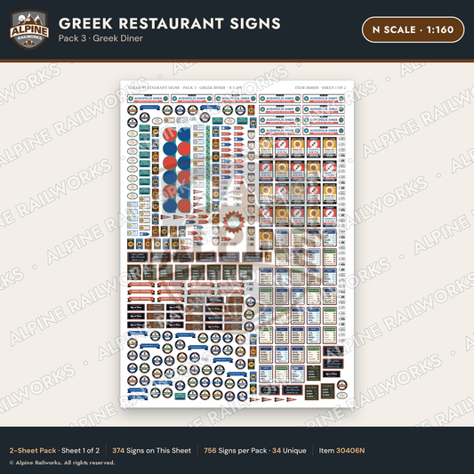 Alpine Railworks 30406N N Scale Greek Restaurant Signs - Greek Diner