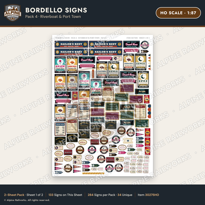 Alpine Railworks 30275HO HO Scale Bordello Signs - Riverboat