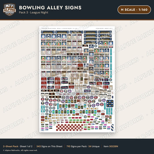 Alpine Railworks 30226N N Scale Bowling Alley Signs - League Night
