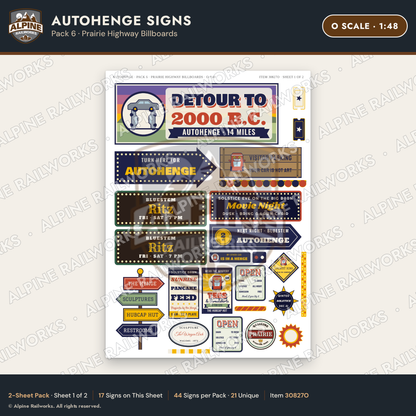 Alpine Railworks 30827O O Scale Roadside Attraction Signs - Car Henge