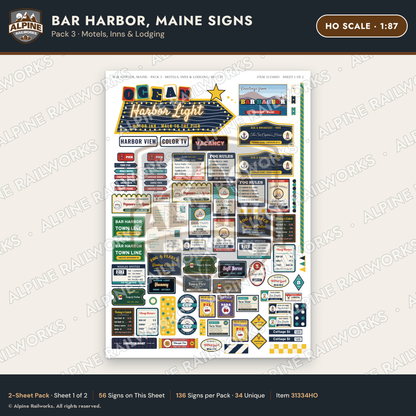 Alpine Railworks 31334HO HO Scale Bar Harbor ME Signs - Motels & Inns