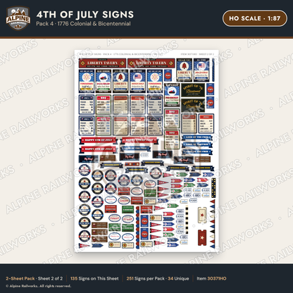 Alpine Railworks 30371HO HO Scale 4th of July Signs - 1776 Colonial