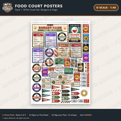 Alpine Railworks 30200O O Scale Food Court Posters - Burgers & Dogs