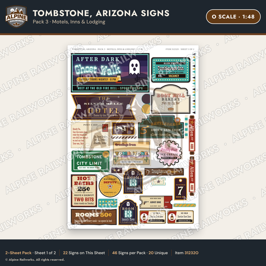 Alpine Railworks 31232O O Scale Tombstone AZ Signs - Motels & Inns