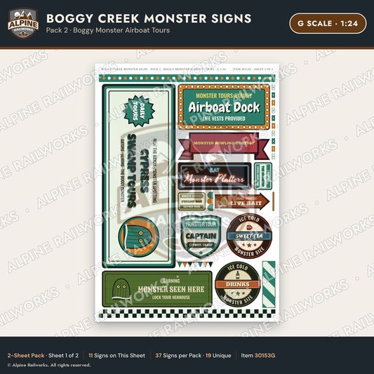 Alpine Railworks 30153G G Scale Boggy Creek Monster Signs