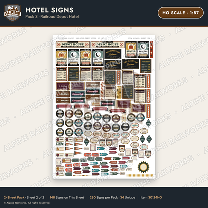 Alpine Railworks 30124HO HO Scale Hotel Signs - Railroad Depot Hotel