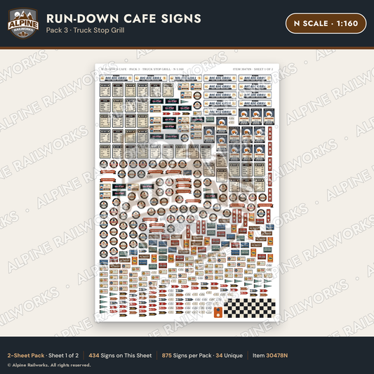 Alpine Railworks 30478N N Scale Run-Down Cafe Signs - Truck Stop Grill