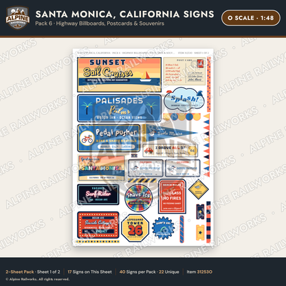 Alpine Railworks 31253O O Scale Santa Monica CA Signs - Billboards