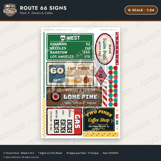 Alpine Railworks 30580G G Scale Route 66 Highway Signs - Diners