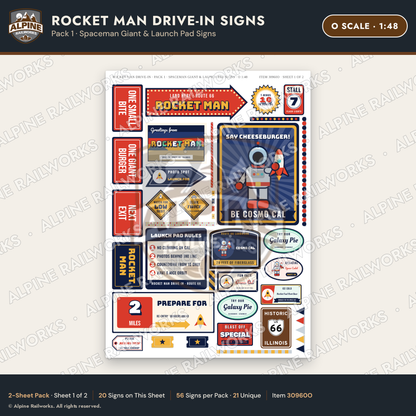 Alpine Railworks 30960O O Scale Roadside Signs - Spaceman Drive-In