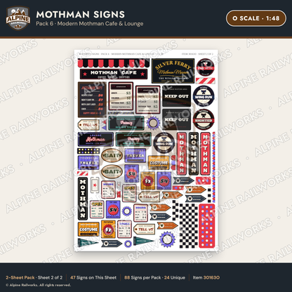 Alpine Railworks 30163O O Scale Mothman Signs - Modern Mothman Cafe