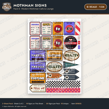 Alpine Railworks 30163G G Scale Mothman Signs - Modern Mothman Cafe