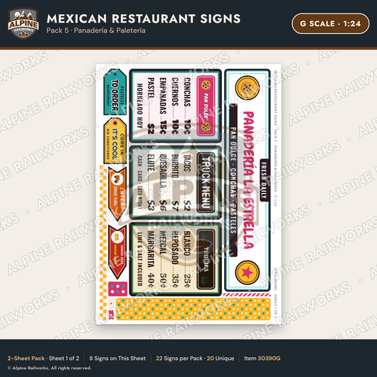 Alpine Railworks 30390G G Scale Mexican Restaurant Signs - Panaderia