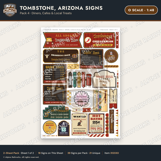 Alpine Railworks 31233O O Scale Tombstone AZ Signs - Diners & Cafes