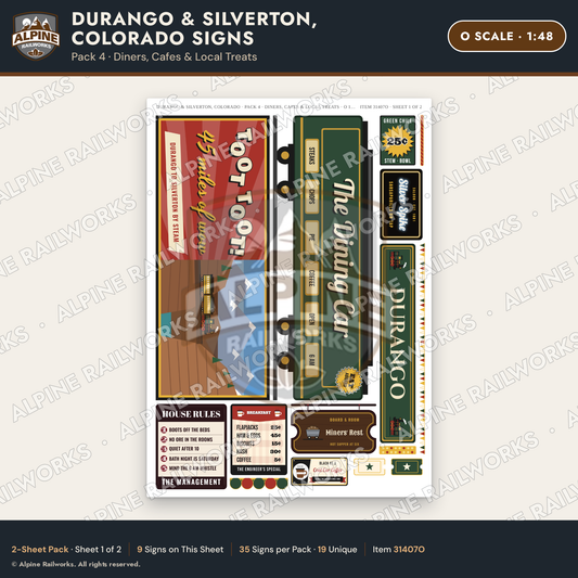 Alpine Railworks 31407O O Scale Durango CO Signs - Diners & Cafes