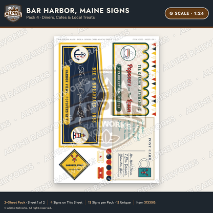 Alpine Railworks 31335G G Scale Bar Harbor ME Signs - Diners & Cafes