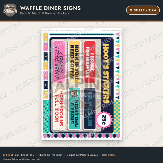 Alpine Railworks 31211G G Scale Waffle Diner Signs - Bumper Stickers