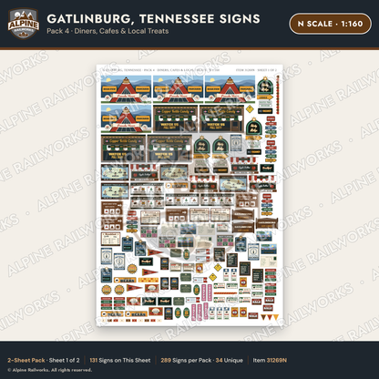 Alpine Railworks 31269N N Scale Gatlinburg TN Signs - Diners & Cafes