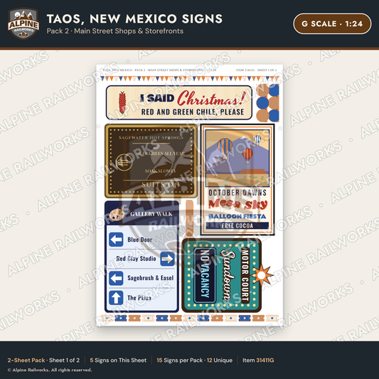 Alpine Railworks 31411G G Scale Taos NM Signs - Main Street Shops