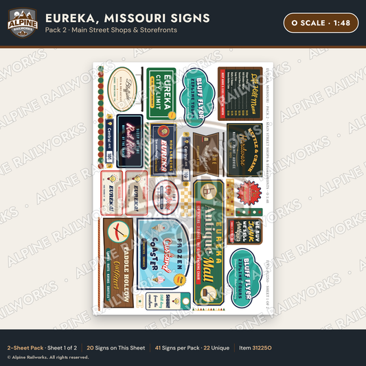 Alpine Railworks 31225O O Scale Eureka MO Signs - Main Street Shops