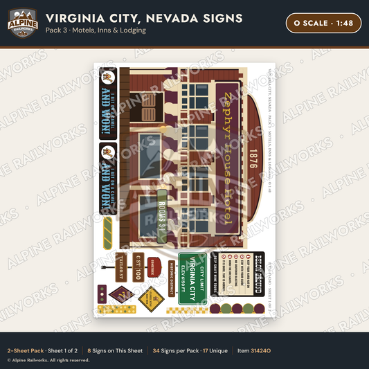 Alpine Railworks 31424O O Scale Virginia City NV Signs - Motels & Inns