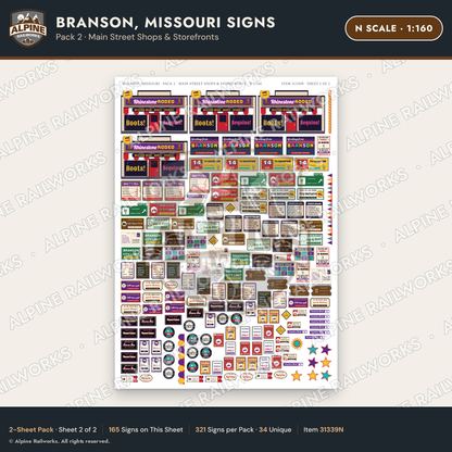 Alpine Railworks 31339N N Scale Branson MO Signs - Main Street Shops