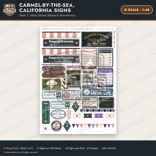 Alpine Railworks 31429O O Scale Carmel CA Signs - Main Street Shops