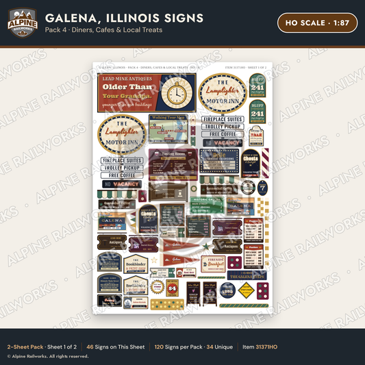 Alpine Railworks 31371HO HO Scale Galena IL Signs - Diners & Cafes