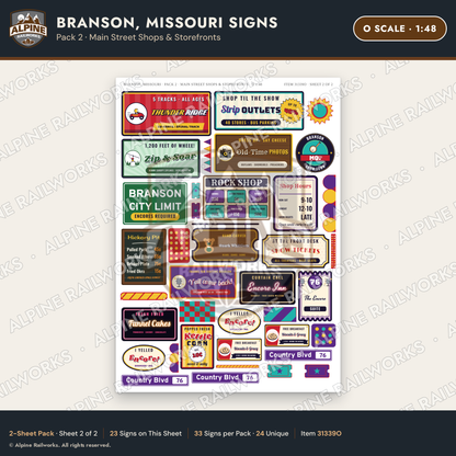Alpine Railworks 31339O O Scale Branson MO Signs - Main Street Shops