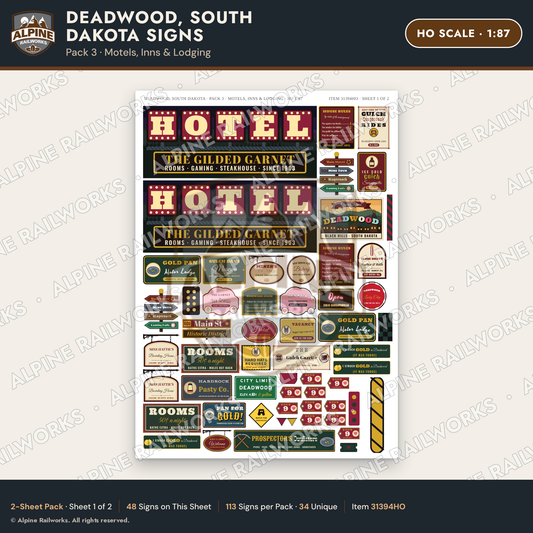 Alpine Railworks 31394HO HO Scale Deadwood SD Signs - Motels & Inns