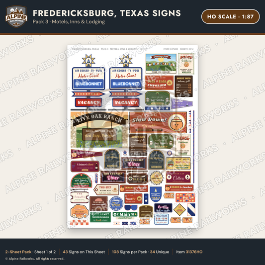 Alpine Railworks 31376HO HO Scale Fredericksburg TX Signs - Motels