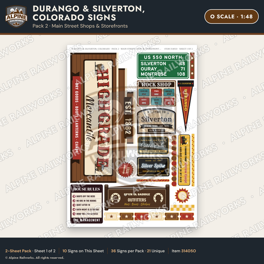 Alpine Railworks 31405O O Scale Durango CO Signs - Main Street Shops
