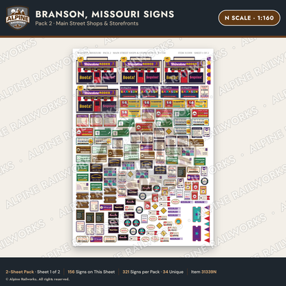 Alpine Railworks 31339N N Scale Branson MO Signs - Main Street Shops