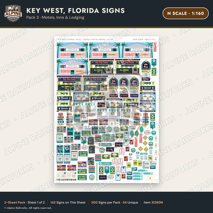 Alpine Railworks 31280N N Scale Key West FL Signs - Motels & Inns