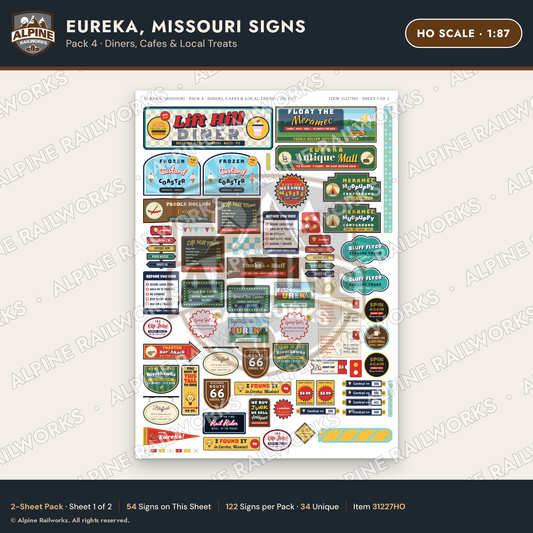 Alpine Railworks 31227HO HO Scale Eureka MO Signs - Diners & Cafes