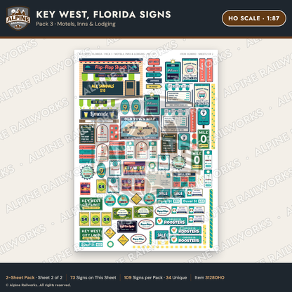 Alpine Railworks 31280HO HO Scale Key West FL Signs - Motels & Inns