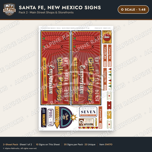 Alpine Railworks 31417O O Scale Santa Fe NM Signs - Main Street Shops