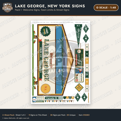 Alpine Railworks 31326O O Scale Lake George NY Signs - Welcome Signs