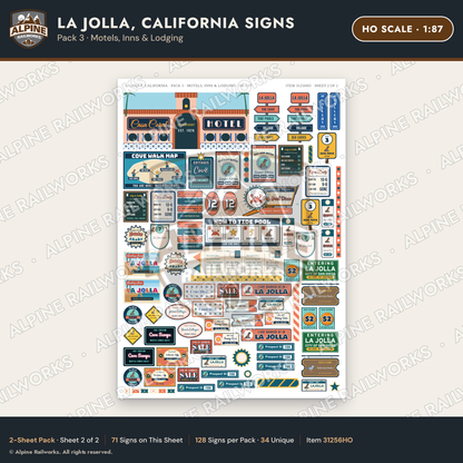 Alpine Railworks 31256HO HO Scale La Jolla CA Signs - Motels & Inns