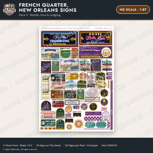 Alpine Railworks 31382HO HO Scale French Quarter Signs - Motels & Inns