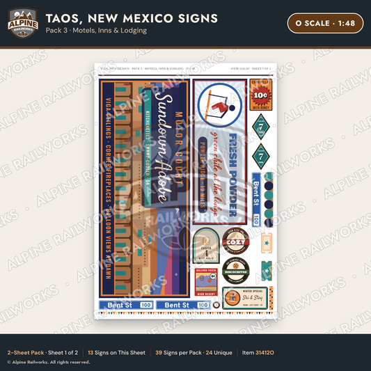 Alpine Railworks 31412O O Scale Taos NM Signs - Motels, Inns & Lodging
