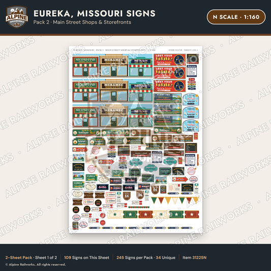 Alpine Railworks 31225N N Scale Eureka MO Signs - Main Street Shops