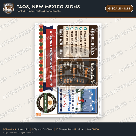 Alpine Railworks 31413G G Scale Taos NM Signs - Diners & Cafes