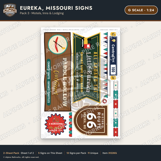 Alpine Railworks 31226G G Scale Eureka MO Signs - Motels & Inns