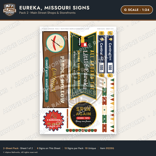 Alpine Railworks 31225G G Scale Eureka MO Signs - Main Street Shops