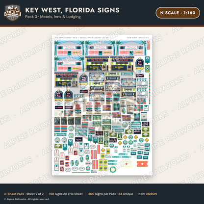 Alpine Railworks 31280N N Scale Key West FL Signs - Motels & Inns