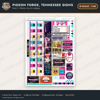 Alpine Railworks 31274O O Scale Pigeon Forge TN Signs - Motels & Inns