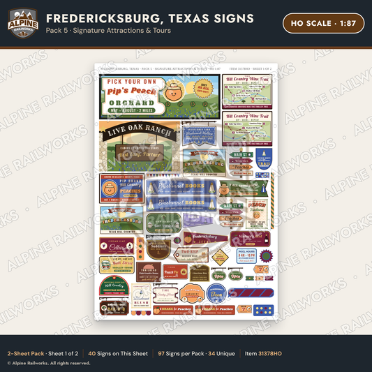 Alpine Railworks 31378HO HO Scale Fredericksburg TX Signs - Tours