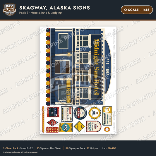 Alpine Railworks 31442O O Scale Skagway AK Signs - Motels & Inns